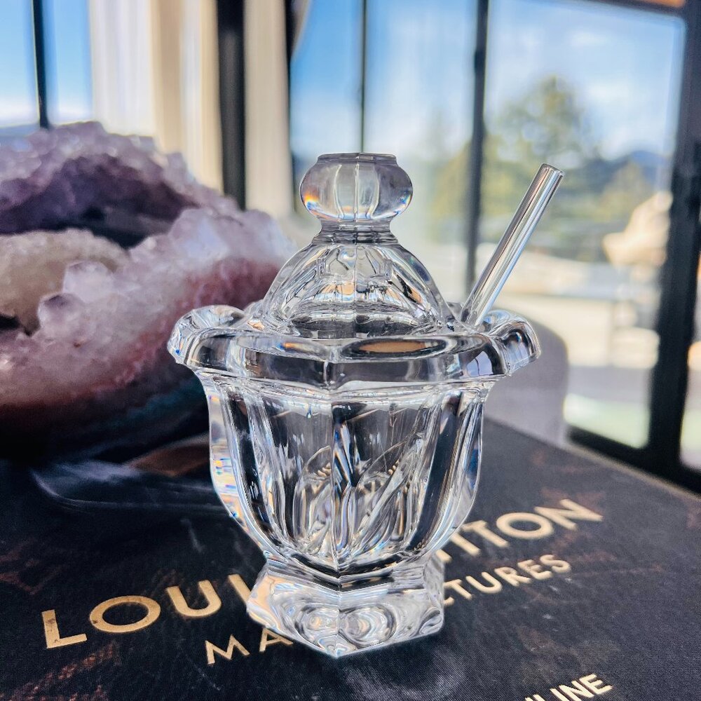 Pristine Condition Baccarat Crystal Bretagne Jam/Jelly/Mustard Jar With Spoon